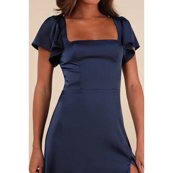 NWT Lulus Ultimate Sweetness Navy Satin Flutter Sleeve Maxi Dress Wedding Sz XL - Picture 8 of 9